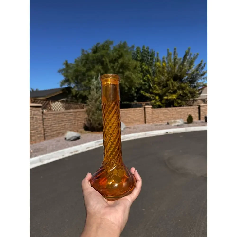 Federal Glass Company amber swirl bud vase wide base twisted neck design vintage